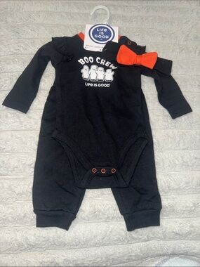Life Is Good Black 'Boo Crew' Baby One-Piece with Orange Bow Accent